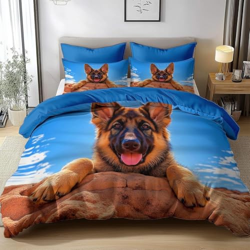 HATEGE Set Copripiumino Matrimoniale Pastore Tedesco, Copripiumino Double Face Cane Biancheria da Letto in Microfibra, 3D Copripiumini 250x200 cm e 2 Federe 3973-ABC