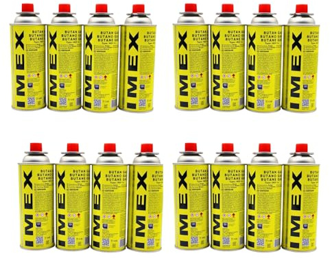 IMEX Butan Gaskartuschen 227g mit Ventil Typ MSF-1a, Universal Gaskartusche Butangas Kartuschen für Campingkocher, Gasheizung, Gasbrenner, Unkrautbrenner, Lötbrenner (16x Kartuschen)