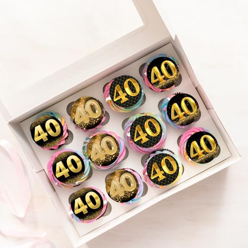40th Black & Gold Happy Birthday Wafer Rice Paper Cupcake Topper Cake Decoration Pack of 24