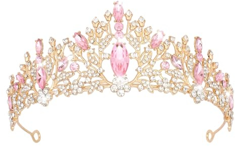 EXIPSAT Diadem Krone Gold, Elegantes Haarschmuck Braut mit Glitzernden Rosa & Weißen Strass, Perfekt für Hochzeit, Geburtstag, Party und Prinzessinnen-Anlässe