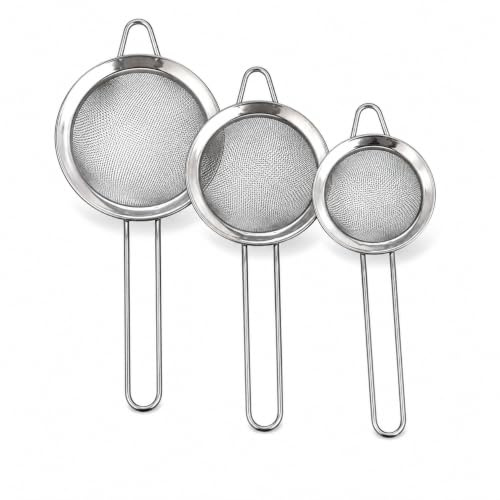 Tea Strainer Fine Mesh Sieve (36cm 27cm 21cm) Size Stainless Steel with Non Slip Handle Kitchen Craft Strainers for Loose Tea Cocktail Juice Flour Spices and Baking Silver Color (Pack of 3) (Chrome)