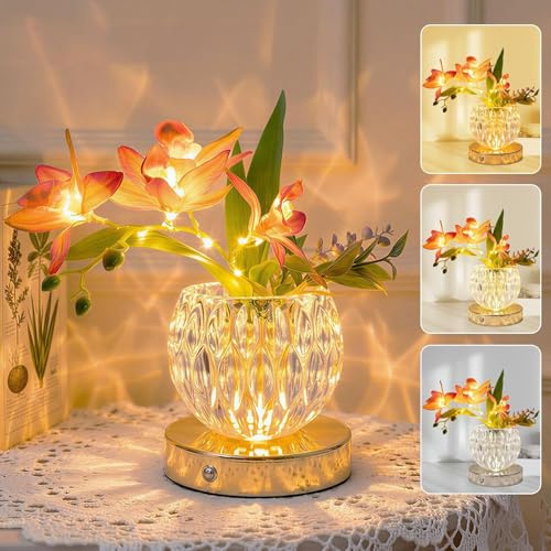Maxspace Blumen Tischlampe, 3 Farbtemperaturen Kristall Nachttischlampe Touch, Wiederaufladbares Tischleuchte Kabellos, LED-Blume mit Vase für Dates Partys Zuh Dekoration (Rosa – Orchidee)
