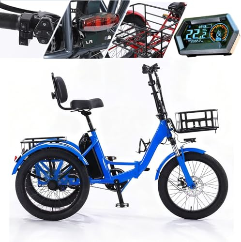 Dreirädriges, faltbares Elektro-Dreirad für Erwachsene, 20-Zoll-Fatbike-Reifen, 3 Fahrmodi, Gepäckkorb, Verstellbarer Sitz mit Rückenlehne