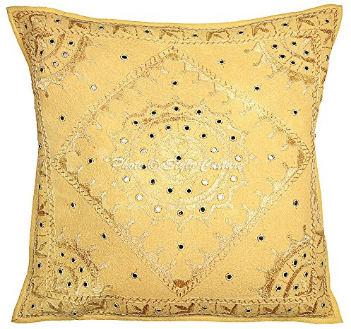 Stylo Culture Ethnicas Fundas Cojines Decorativa 60x60 cm Algodón Espejado Funda Almohadon Cama Amarillo Mostaza 24x24 Inch Bordado Cuadrado sobre Fundas De Cojines De Sofa - 1 Pc