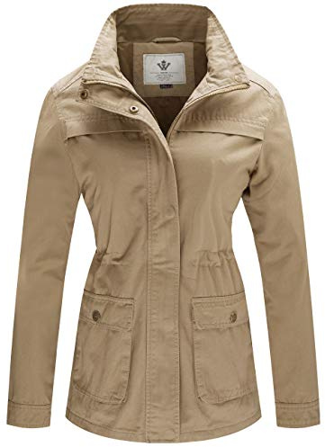 WenVen Women's Lightweight Canvas Windbreaker Casual Cargo Jacket (Khaki, M)