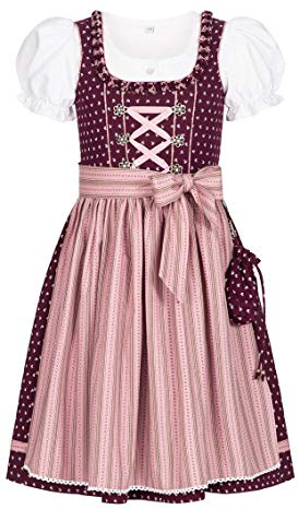 Nübler Dirndl Mädchen NABILA - 3-teiliges Set inkl. Dirndl Kleid, Trachtenbluse & Schürze in Beere, hochwertige bayerische Tracht, Bezauberndes Blumenmuster, ideal für Feste und Feiern