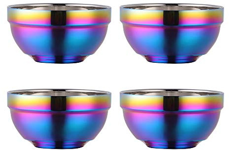 SBOMHS Cereal Bowl Stainless Steel 340 ml Rainbow Soup Bowls Set of 4 Rice Bowl Large Pasta Bowl Dessert Bowls Wide 11.4 cm (4.5 inches) Metal Ramen Bowls Double Layer Anti-Hot