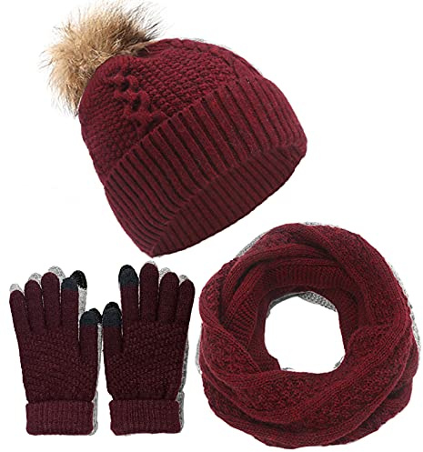 CheChury Wintermütze Schal Handschuhe Sets Damen Strickmütze Kombiset Strickset Beanie Loop Schal Gestrickt Mütze Set Strickmütze Fleece Pompon Touchscreen-Handschuhe Geschenkset,Wein,one size