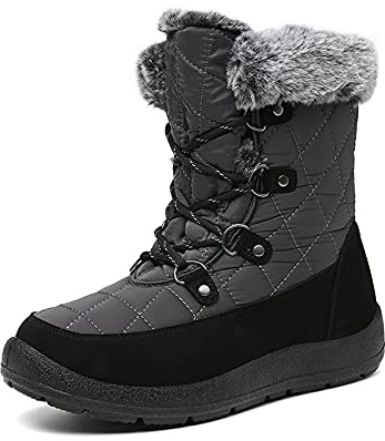 JSWEI Dam snöstövlar vattentäta vinterskor andningsbara värmefoder gummi grepp sula fuskpäls snösäkra vinterskor, Grå, 41.5 EU Bred