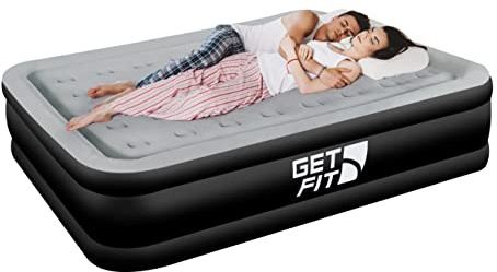 Get Fit Air Bed with Built In Electric Pump - Premium King Size - Blow Up Bed with 2 x Free Pillows - Elevated Inflatable Air Mattress for Outdoor, Camping, Tents - Black/Grey