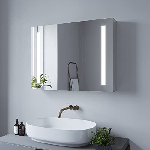 AQUABATOS Badrumsskåp med LED-spegel, kallvit, 6400k, infraröd sensor, imskydd, dimbar, med uttag, toalettskåp med LED-belysning, 80 x 60 x 13 cm
