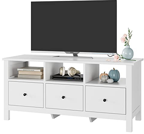 FOREHILL White TV Unit TV Stand Cabinet Wooden TV Table with 3 Drawers and 3 Open Shelves TV Cabinets for Living Room Furniture 108x40x50cm