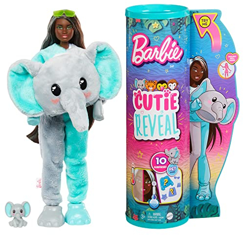 Barbie Cutie Reveal Serie Amigos de la Jungla Elefante Disfraz Revela una muñeca articulada con Mascota y Accesorios Sorpresa de Moda, Juguete +3 años (Mattel HKP98)