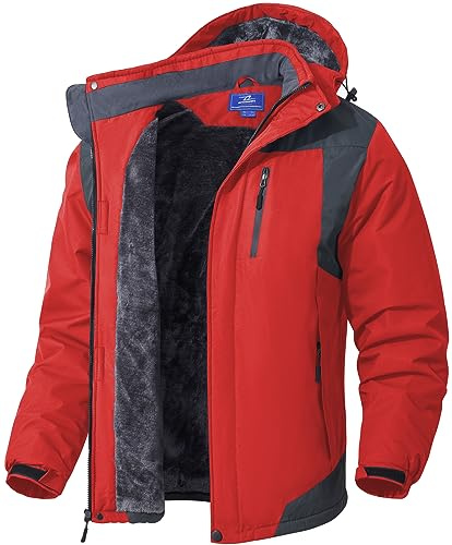 SPOSULEI Herren Winter Fleecejacke Warme Verdickt Gefüttert Skijacke Outdoor Winddicht Wasserdicht Jacke mit Abnehmbarer Kapuze für Wandern Rot 3XL