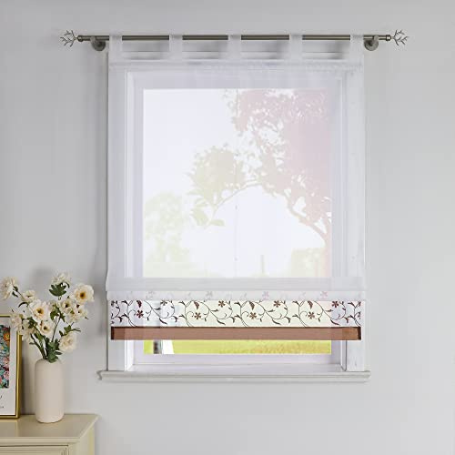 SCHOAL Raffrollo mit Schlaufen Voile Transparente Raffgardine Schlaufenrollo Küche Gardinen Weiß im Landhausstil Wohnzimmer Kinderzimmer 1 Stück BxH 140x150cm Braun