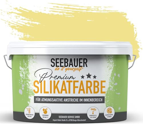 SEEBAUER diy Silikatfarbe Gelb 5L für Innen (No. 455 Lemon Soda) Atmungsaktive Mineralfarbe für Allergiker - Abwaschbare Wandfarbe - Gelbtöne hohe Deckkraft