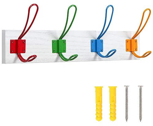 KYSMOTIC Kids Coat Hook Rack Wall Mounted for Boys and Girls for Hanging Coats, Scarves, Bags, Purses, Backpacks, Towels and More, Set of 4, Bright Multicolored (White, 17 inches)