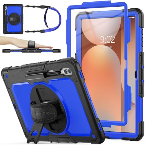 SEYMAC stock Hülle für Samsung Galaxy Tab S10 Ultra / S9 Ultra / S8 Ultra 14,6 Zoll, Stoßfeste Hülle mit Displayschutz, 360° Drehbarer Ständer/Handschlaufe, Stifthalter & Schultergurt, Blau