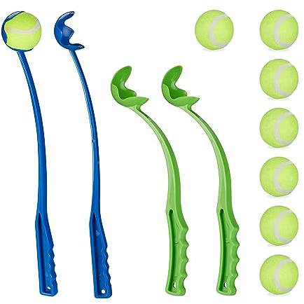 Relaxdays Ballschleuder für Hunde, 4er Set Ballwerfer, inkl. 8 Tennisbälle, Hundespielzeug zum Werfen, Wurfgerät, bunt