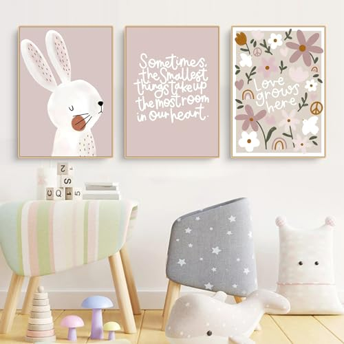 Herfair 3er Set Poster Kinderzimmer Deko Hase und Blume Bilder, Bilder Kinderzimmer Wandbilder Deko für Mädchen und Jungen Babyzimmer Deko, Ohne Rahmen (30x40cm)
