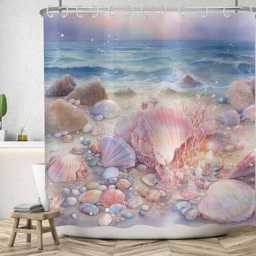 ASDCXZ Strand Duschvorhang 180x200 cm, Aquarell Romantisch Rose Lila Schale Sand Blau Meereswelle Bad Waschbar Duschvorhänge Polyester Textil Wasserdicht Badevorhang für Badewanne mit 12 Haken