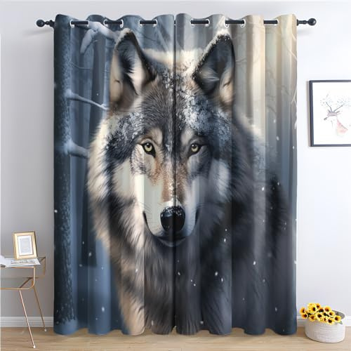 SZLYZM Wolf Vorhänge, Verdunklungsvorhänge mit Muster Tiere, Vorhang Blickdicht mit Ösen, Gardinen für Wohnzimmer Schlafzimmer Kinderzimmer Deko 2er Set - 160x132 (H X B) (Q1-&171)