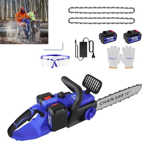 Tronçonneuse Sans Fil de 16 Pouces, Tronconneuse Électrique Brushless avec Système de Lubrification, Scie Électrique Portative pour le Jardinage, Coupe de Branches et Arbres, 2 Batteries et Chargeur