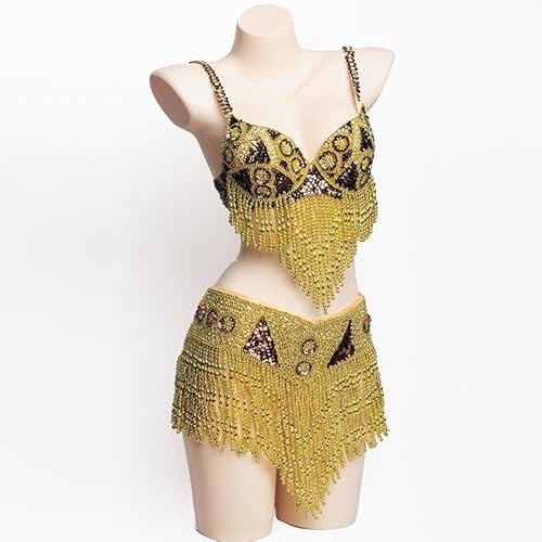 JRUIA Bauchtänzerin Kostüm Für Damen Sexy Tribal Bauchtanz BH Und Gürtel Strass Professionelles Tanzset BH Oberteil Paillettengürtel Karnevalsoutfit