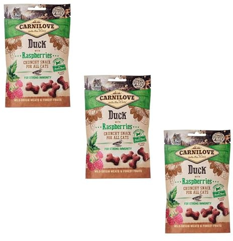 Carnilove Snack Crujiente Pato con Frambuesas | Paquete Triple | 3 x 50 g | Golosinas para Gatos | Pato y Frambuesa | Sin Azúcares Añadidos | Sabor a Carne Exótica