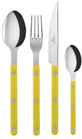 SABRE PARIS - 4-Piece Cutlery Set 24cm- Bistrot Collection - Knife, Fork, Tablespoon & Teaspoon - Stainless Steel & Nylon - Dishwasher Safe - Yellow - Brilliant Finish