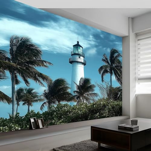 Panoramic Scenic Lighthouse Palm Tree Wallpaper Mural 500 x 280 cm (W x H), Wall Poster Scenery Lighthouse Photo Wallpaper Mural 3D Effect, Poster Decoration for Bedroom Living Room Corridor