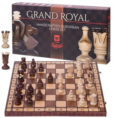 Scacchi in legno GRAND ROYAL + 2 x Regina Extra - 48 x 48 cm - Confezione regalo - Scacchiera e Pezzi degli scacchi Intagliati