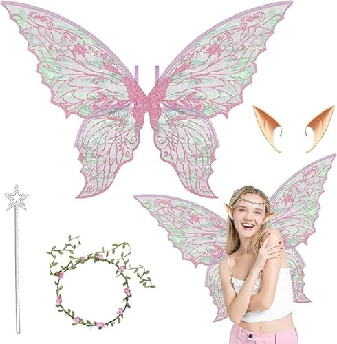 weiclianhp Alas de Hada Brillantes para Adultos y Niñas con Varita de Estrella, Disfraz de Cosplay para Fiesta de Paz y Vestir, Alas de Ángel para Mujeres y Niños