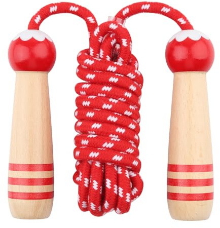 Lorvain Springseil für Kinder, 2,5 m, verstellbares Baumwoll-Springseil mit Holzgriff für Mädchen und Jungen, Fitness, Workout, Outdoor-Aktivitäten, rotes Springseil