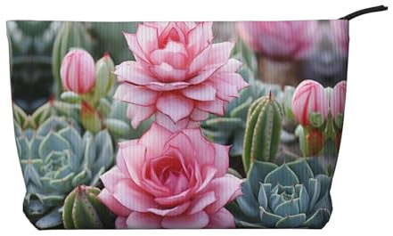 Pink Flamingo Succulent Plants Corduroy Makeup Bag Travel Organizer Bag Cosmetic Bag Large Wide-Open Pouch
