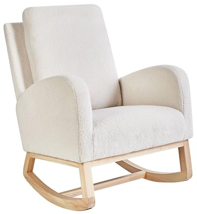 Beliani Silla Mecedora balancín tapizado de bouclé Patas de Madera de Caucho con reposabrazos Sala de Estar sillón de Lactancia Blanco Crema Alsta