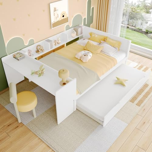 RIAZOS Kinderbett 140x200 mit Regale und Schreibtisch, Doppelbett mit Ausziehbett, Tagesbett mit Lattenrost, Massivholz Kiefer Holzbett, Multifunktionsbett, ohne Matratze, Weiß