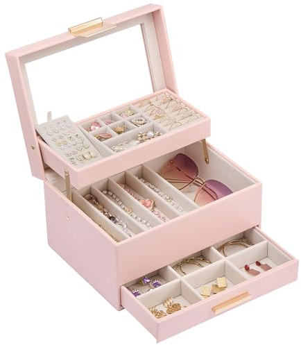 Lolalet Scatola per Gioielli, Organizer con Finestra Trasparente e Cassettino per Orecchini, Bracciali, Collane E Anelli, Conservazione Gioielli per Donne -Rosa, 3 Strati
