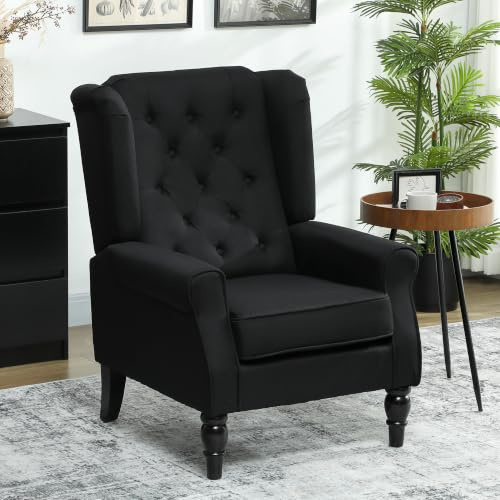 HOMCOM Wingback Accent Chair Linen Armchair High Back Black | Thick Spring Cushion, Solid Wood Legs, Retro Button Tufted, Reading, Living Room, Bedroom