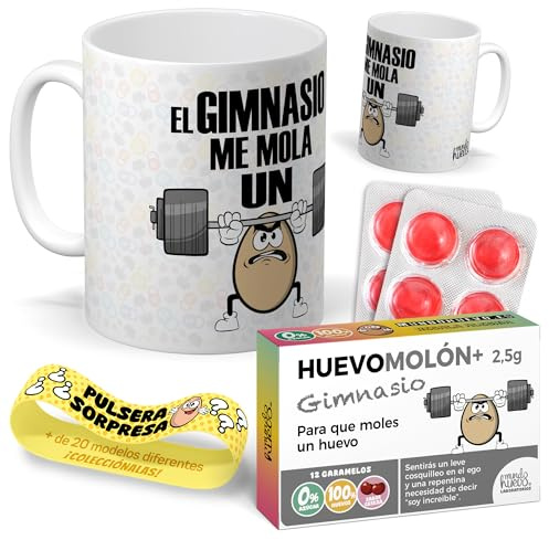 Kit regalo personalizado para aficionados al gimnasio | Taza El gimnasio me mola un huevo + Caramelos divertidos + Pulsera sorpresa | Regalo deporte, divertido y original para cumpleaños, navidad…