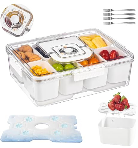 Gonggi Snack Box with Ice Pack, Divided Serving Tray with 8 Compartments and Lid & Handle, Built-in Date Marker, Cooling Food Container with Fork & Spoon for Travel, Party & Picnic