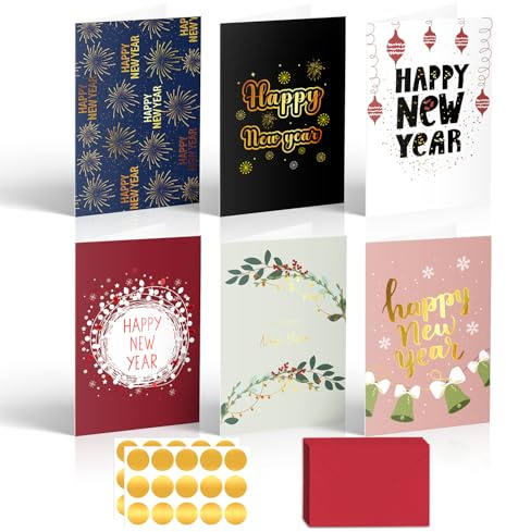 ysmile Happy New Year Card with Envelope 24 Pack for Holiday Greeting Thick Gold Foil Printing Thank You Wish Message