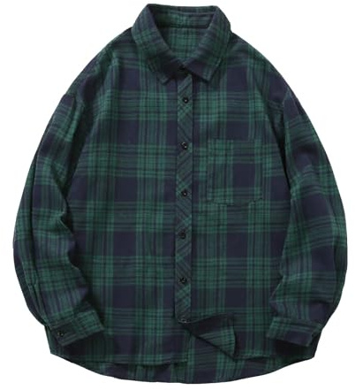 Chemise Homme Coton Plaid Imprimé Chemises sans Repassage Manches Longues Et Col V Haut Hommes Slim Fit Bleu Gris pour Été Et Automne Tendance Classique Imprimé T Shirts Grands Grands (L)