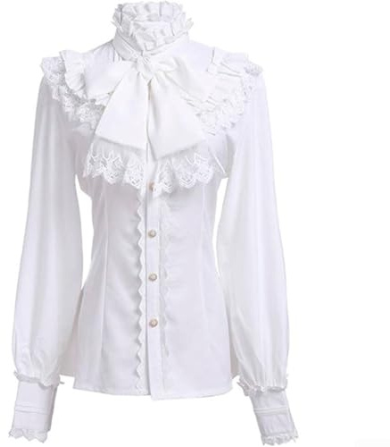 Elegant gotisk Lolita, viktoriansk blus långärmad skjorta med lotuskrås för kvinnor vintage stil lämplig för säsongskläder (XXL vit)