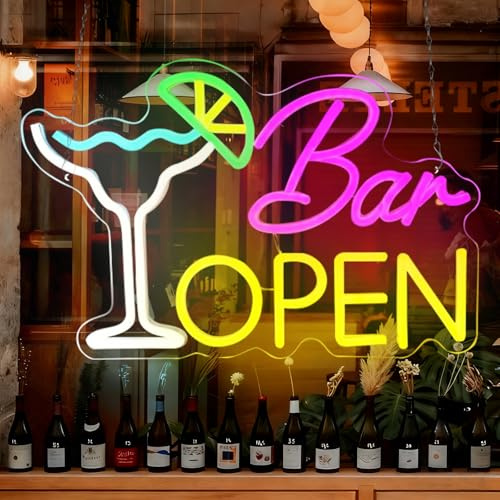 panthem LED Neon Open Sign, 16.5x 9 Dimmable Ultra Bright es! WE are Open Signs for Business, 5V USB Light Up Signs for Business Window, Coffee Shops, Stores, Restaurants Bars Hotel (OPEN BAR)