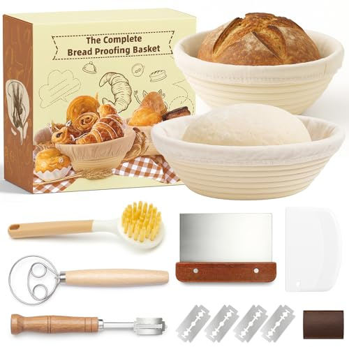 KELAV Banetones para Pan,Cestas de Fermentación 23 cm Redonda y 25 cm Ovalada, Ratán Natural, Incluye Paño de Lino, Raspador de Masa, Cuchillo de Panadero,Ideal para Masa Madre