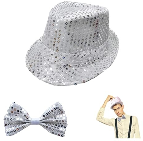 VYNZOR Chapeau à Paillettes Argent & Nœud Papillon Pailleté - Style Disco des Années 70 pour Carnaval et Fêtes - Accessoire Éclatant pour Tenue Disco Femme et Homme 54cm