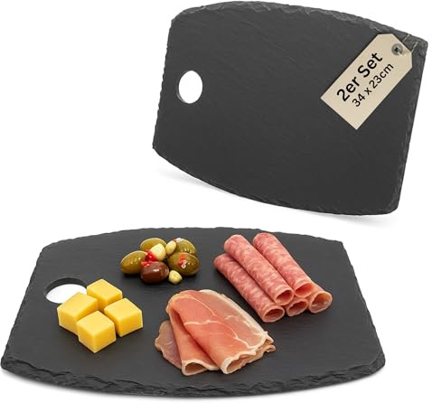 Schieferplatten eckig 34x23 cm Set aus 2 Servierplatten aus Schiefer für Käseplatte Tapasplatte Deko & HLKauf-Block