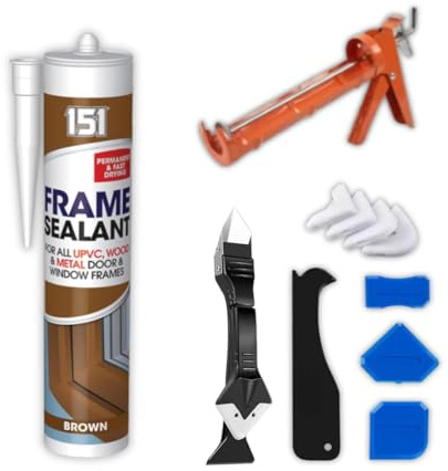 151 Brown Sealant Bundled With Caulking Gun & Silicone Tool Set – Brown Silicone Sealant for Windows, Doors & Bathrooms – Mastic Gun with Silicone Remover Tool & Grout Removal Accessories