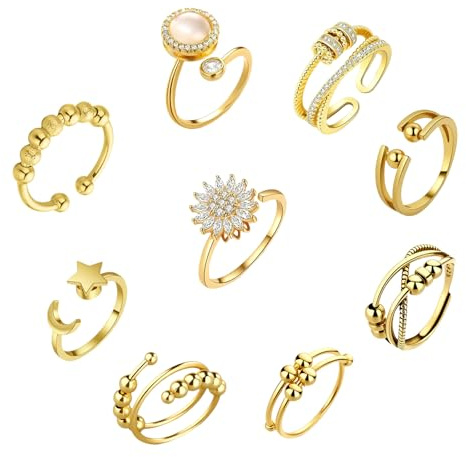 ALONK 9 Stück Anti Stress Ring Gold, Anxiety Ring Gold, Einstellbar Stressring für Damen Herren